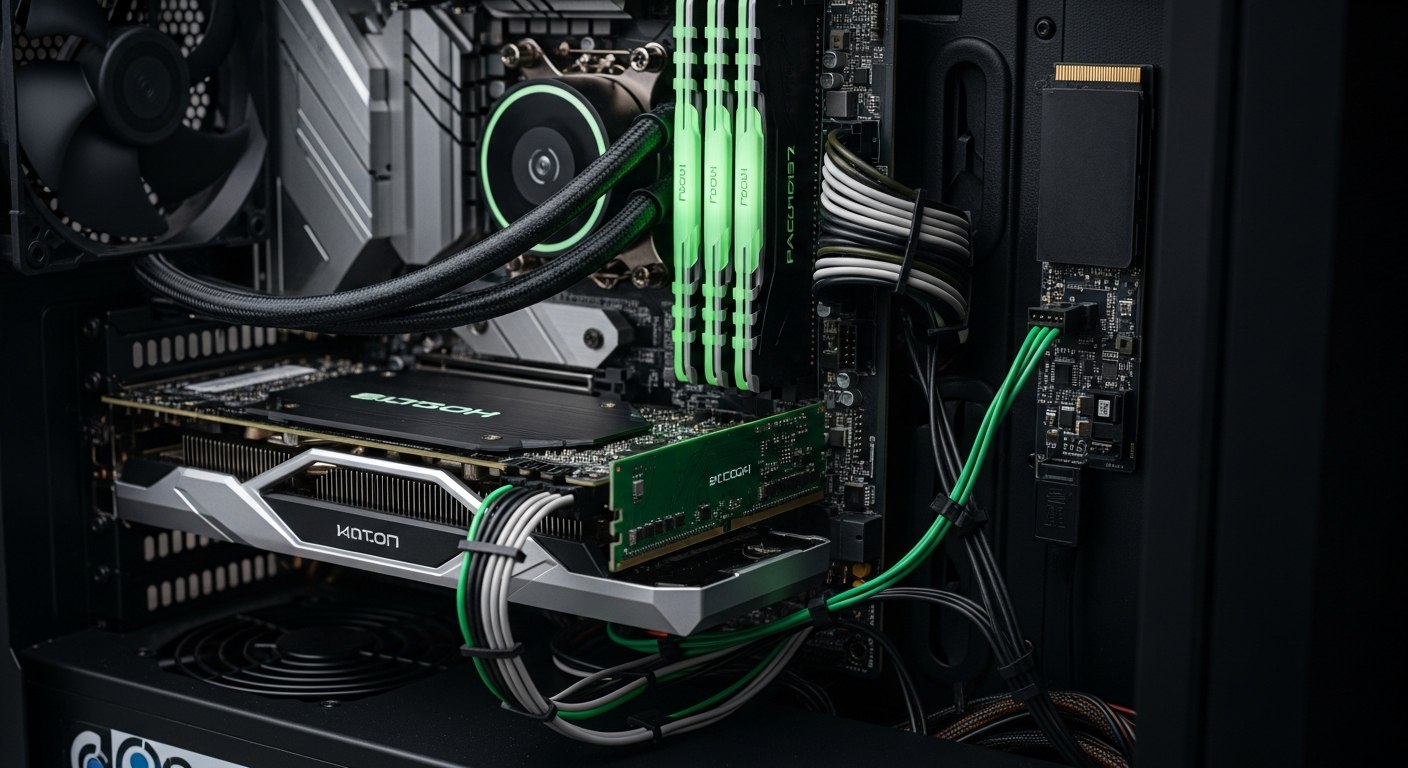 Close-up of a custom PC motherboard with various ports and slots — software compatibility focus